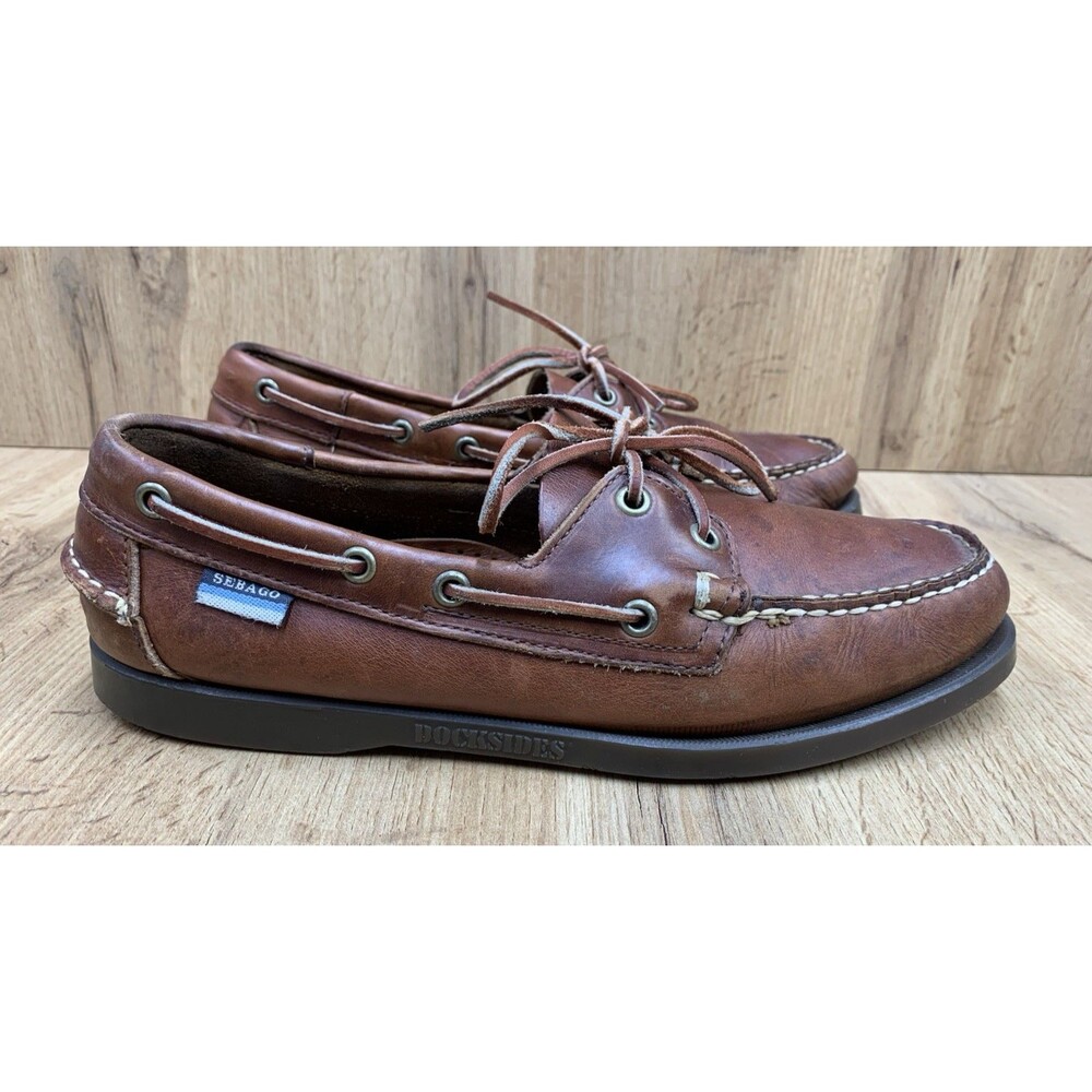 Sebago Docksides Boat Shoes Men's 9 M Brown Leather Lace Up Moc Toe Casual - Picture 2 of 16